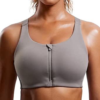 CRZ YOGA Womens Zip Front High Impact Sports Bra - Molded Cup Wireless Workout Yoga Bra with Adjustable Convertible Straps