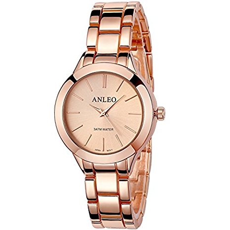 ANLEOWATCH 1PCS Women Pure Color Dress Watches Stainless Steel Back Metal Strap Sport Wristwatch 6085-Rose Gold