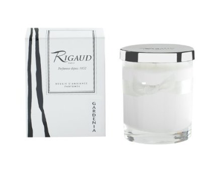 Rigaud Paris, Gardenia Bougie D'ambiance Parfumee, Small Candle "Modele Complet" w/Metal Silver Snuffer Lid, White, 2.6" Tall, 28 Hours, Made in France