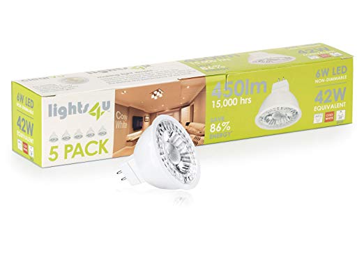 Lights4u 6W MR16 LED Light Bulbs Extra Warm White 2700K 50W Equivalent - 5 Pack