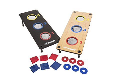 Triumph Sports USA 35-7071 is a 2 in 1 3 Hole Bag Toss and Washer Toss Game in Black and Natural Wood Color