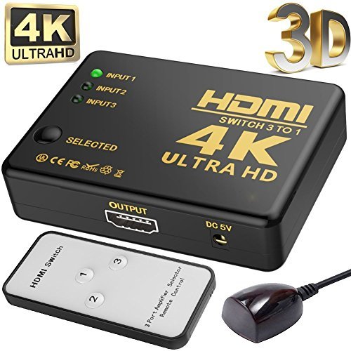 3-Port HDMI Switch, TenTenCo Full HD1080p, 3D with IR Remote, Supports 4K HDMI Switcher(Black)