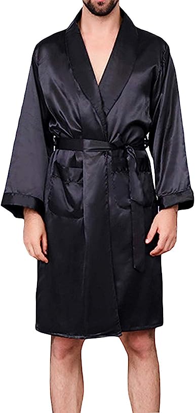 BridalAffair Men's Summer Luxurious Kimono Soft Satin Robe Long-Sleeve Nightgown Printed Pajamas Bathrobes