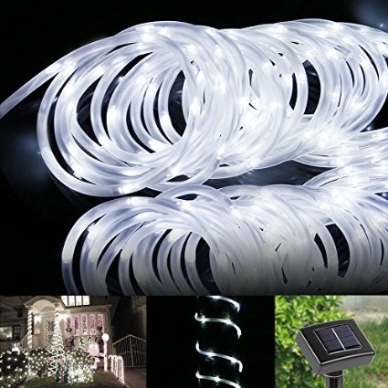 LE 165ft LED Solar Rope Lights Waterproof 50 LEDs Outdoor Rope Lights Daylight White Portable with Light Sensor Ideal for Christmas Wedding Party Decorations Gardens Lawn Patio