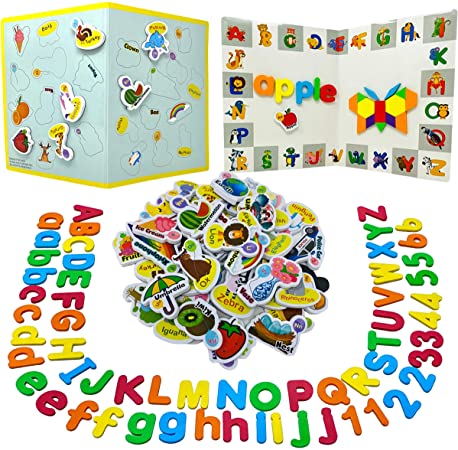210Pcs Magnetic Letters Numbers, Picture Magnets and Shapes Maker for Kids with Double-Sided Magnet Board - ABC Uppercase Lowercase Foam Alphabets Spelling Learning Set in Classroom at Home