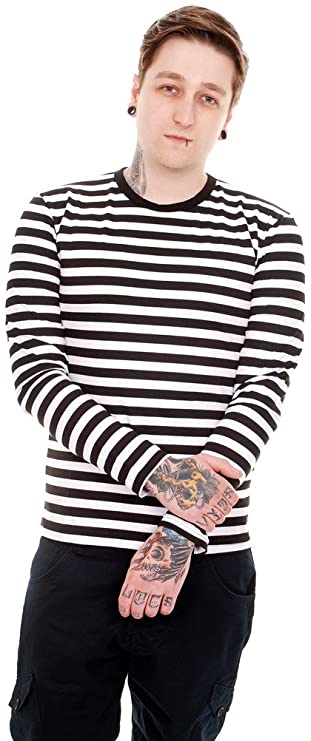 Run & Fly Mens Indie Retro 60's Black & White Striped Long Sleeve T Shirt