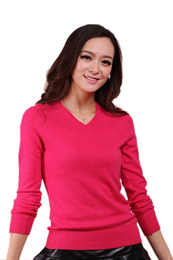 GetUBacK Womens Solid V-neck Slim Cashmere Pullover Sweater
