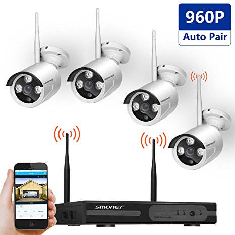 [Better Than 720P]Wireless Security Camera System,SMONET 4 Channel 960P HD Wireless Video Security System,4PCS 1.3MP Wireless Weatherproof Bullet IP Cameras, P2P, 65ft Night Vision, No Hard Drive