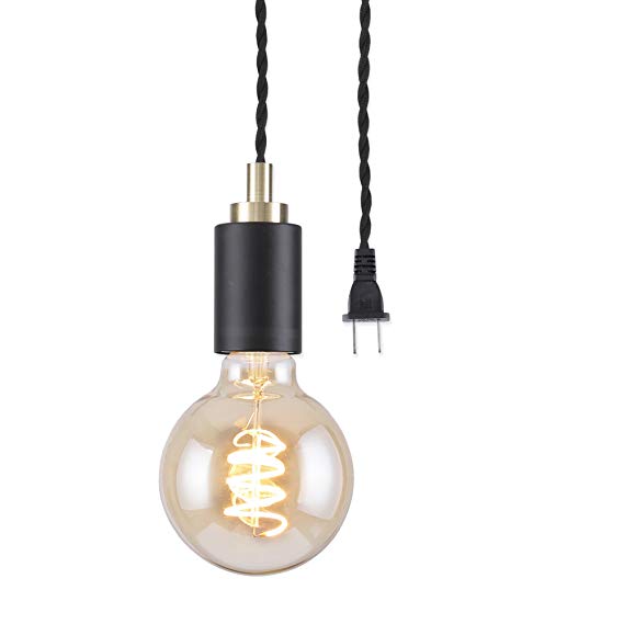 BRIGHTTIA Simple Top Plug-in Mini 1-Light Pendant, Minimalist Exposed Bulb Design, Black with Brushed Brass Top Cap, 16.4' Braided Black Fabric Cord with in-Line On/Off Switch, BP0005-1BP