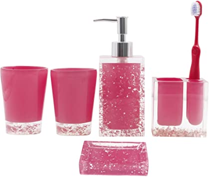 LUANT Resin Soap Dish, Soap Dispenser, Toothbrush Holder & Tumbler Bathroom Accessory 5 Piece Set (Pink)