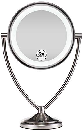 Gloriastar LED Natural Daylight Double-Sided Lighted Makeup Mirror; 1x/5x magnification; Satin Nickel Finish