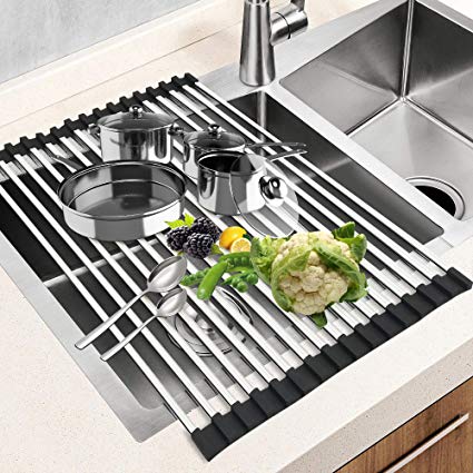 Dish Drying Rack 17.5" x 15", G-TING Over Sink Roll Up Large Dish Drainers Rack, Multipurpose Foldable Kitchen Sink Rack Mat Stainless Steel with Silicone Rims for Dishes, Cups, Fruits Vegetables