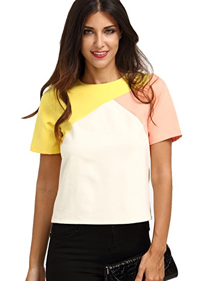 ROMWE Womens Color Block Short Sleeve Back Zipper T-shirt Top Blouse