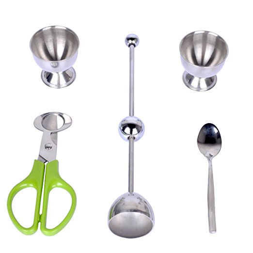 Prokitchen Egg Topper Set Eggshell Opener Cracker Cutter with Stainless Steel Egg Cups Holder and Spoon for Removing Raw,Soft or Hard Boiled Eggs Set of 5