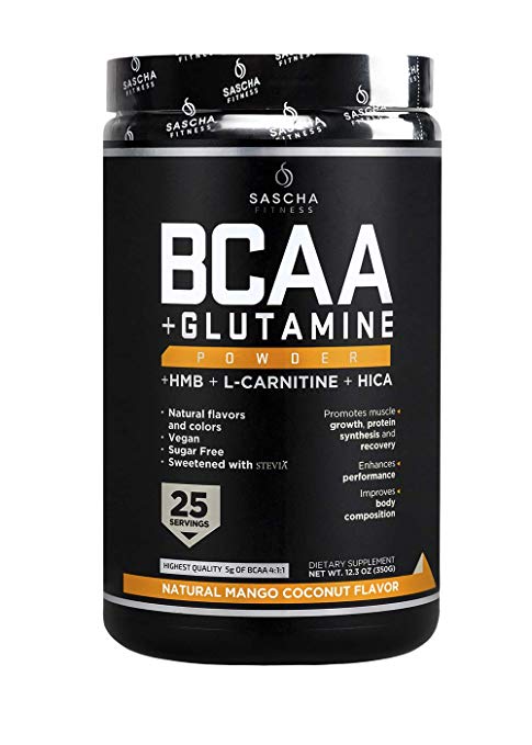 Sascha Fitness BCAA 4:1:1   Glutamine, HMB, L-Carnitine, HICA | Powerful and Instant Powder Blend with Branched Chain Amino Acids (BCAAs) for Pre, Intra and Post-Workout (Natural Mango Coconut Flavor)