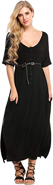 Beyove Women Plus Size Short Sleeve Split Backless Beach Maxi Dress with Pocket