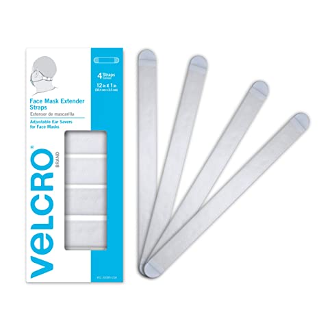 VELCRO Brand Face Mask Extender Straps 4pk White, 12” x 1” Comfortable and Adjustable Ear Savers, VEL-30085-USA
