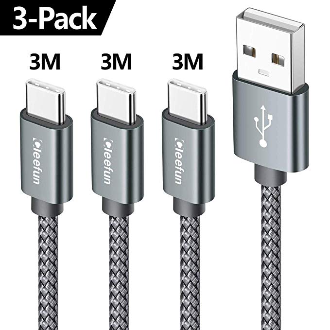 CLEEFUN USB Type C Cable,[3-Pack,3M/10ft] Nylon Braided USB C Quick Charger Fast Charging Cord For Samsung Galaxy s9/s9 /note 9/s8/s8 plus/note 8, LG G7 thinQ V35 V30 G5 G6, Motorola Moto G6 [Gray]