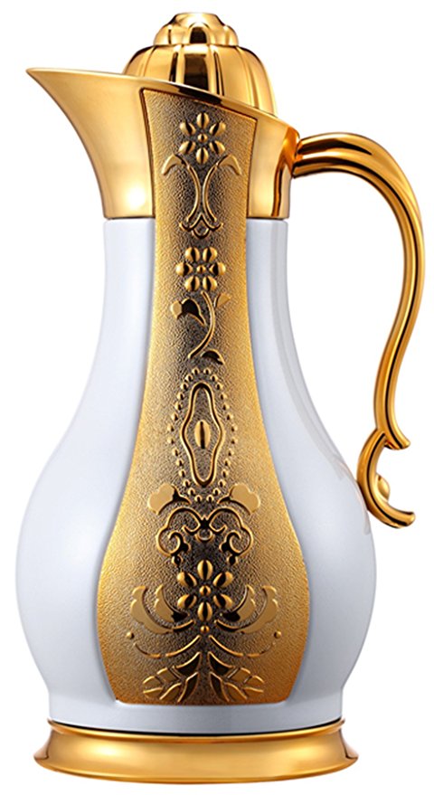 Eglaf 34 Oz Stainless Steel Vaccum Thermal Carafe - Exquisite Double Walled Thermal Carafe Coffee/Insulated Thermal Pitcher, Beverage Dispenser - 1 Liter (Pearl White with Gulch Gold)