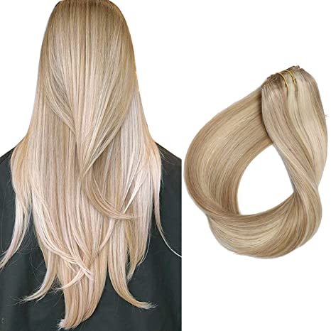 Clip in Hair Extensions Remy Human Hair Beige Blonde Highlights 15 Inch 70grams Short Straight Clip on Blonde Balayage Natural Hair Pieces