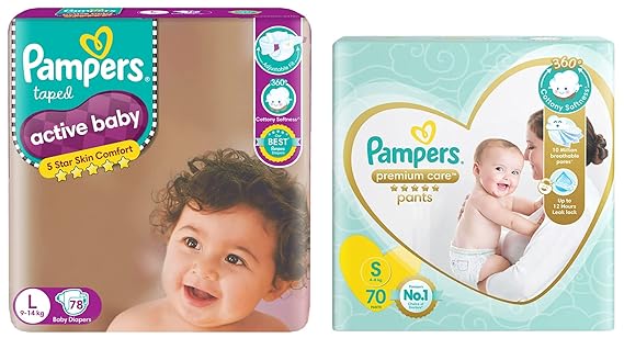 Pampers Active Baby Taped Diapers, Large size diapers, (LG) 78 count, taped style custom fit & Premium Care Pants, Small size baby diapers (SM), 70 Count, Softest ever Pampers pants