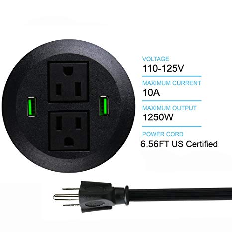 Power Grommet,USB Desktop Grommet Power Data Outlet Charger with 2 AC Outlets and 2 USB Ports 6.56’ft Heavy Duty Power Cord (Round Socket -Black)