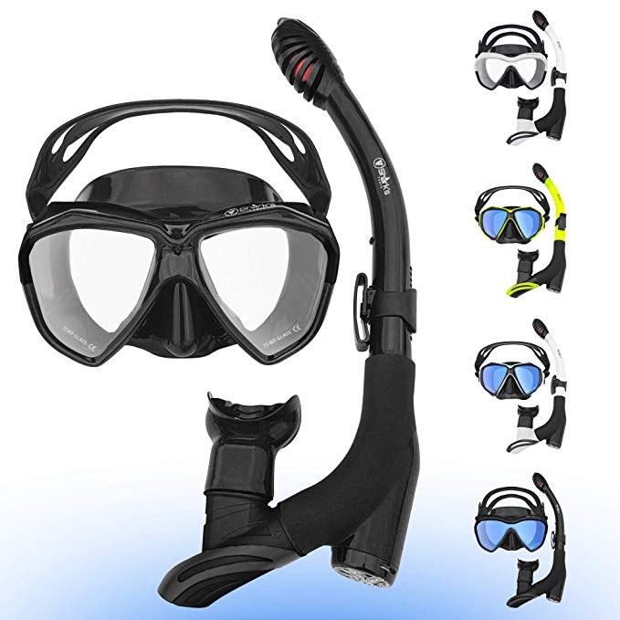 Shark's Tooth Dry Snorkel Set with Anti-Fogging Diving Mask and Dual Purge Valve for Adult Youth and Kids | Surface Swimming Dive Gear | 180° Panoramic View Anti-Leak