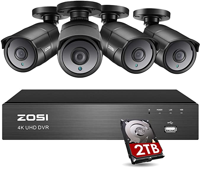 ZOSI 4K Ultra HD Home Security Camera System Outdoor Indoor, H.265  8 Channel CCTV DVR with 4 x 4K (8MP) Surveillance Bullet Camera Weatherproof, 150ft Night Vision, 2TB Hard Drive, Remote Access