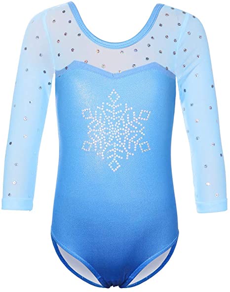 TFJH E Gymnastics Leotard for Girls 3/4 Sleeve Sequin Mesh Athletic Dancewear