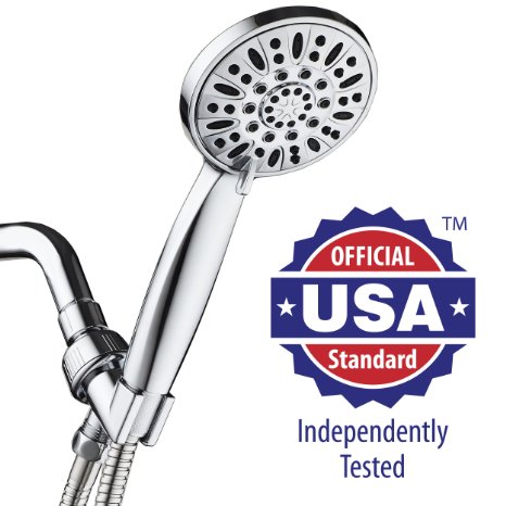 AquaDance® High Pressure 6-Setting 4" Chrome Face Hand Held Shower Head With Hose for the Ultimate Shower Experience! Officially Independently Tested to Meet Strict US Quality & Performance Standards