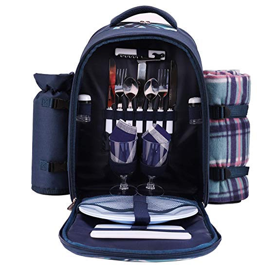 APOLLO WALKER Picnic Backpack Bag for 2 Person with Cooler Compartment, Detachable Bottle/Wine Holder, Fleece Blanket, Plates and Cutlery (Blue)
