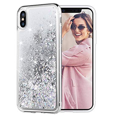 iPhone X Case, Caka iPhone XS Glitter Case [Liquid Series] Girls Luxury Fashion Bling Flowing Liquid Floating Sparkle Glitter Cute Soft TPU Case for iPhone X/XS - (Silver)