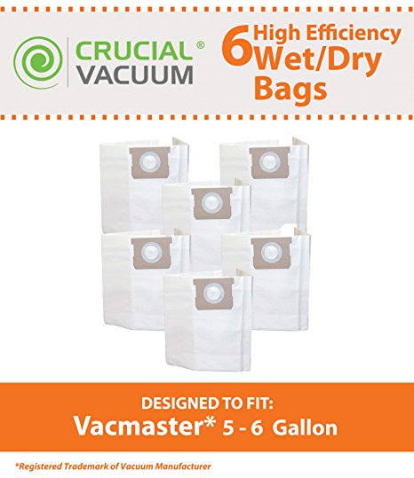 6 6-Gallon Vacuum Bags for Vacmaster VQ607SFD Stainless Steel Wet/Dry Vacuums; Compare to Vacmaster Part No. VDBS; Designed & Engineered by Crucial Vacuum