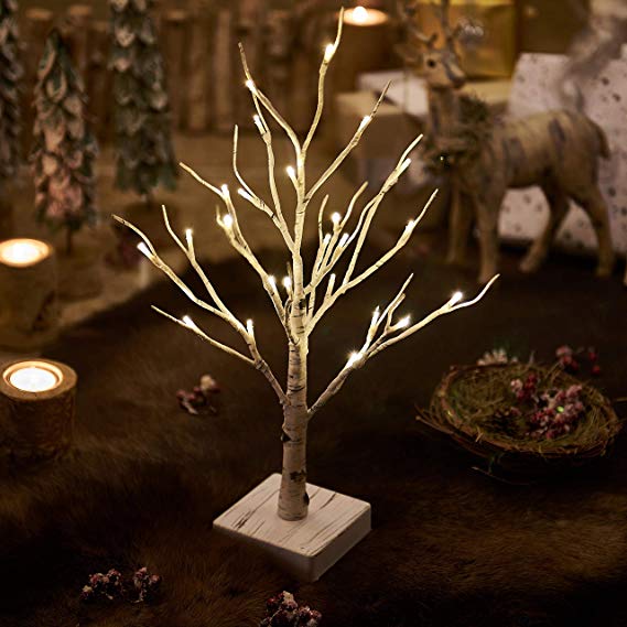 Hairui Tabletop Christmas Birch Tree with Lights Battery Operated Lamp for Cute Room Decor Artificial Pre Lit Tree Lights Small Table Lamp Centerpieces for Party Wedding Decoration 24LED 18in