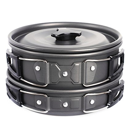 Camping Pots, Portable Hard Anodized Aluminum Cooking Ware Cookware Picnic Bowl Pot Pan Kits