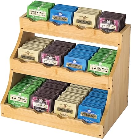 G.a HOMEFAVOR Bamboo Teabag Holder, 3 Tier Storage Organizer for Teabags, Coffee Capsules, Creamer Pods