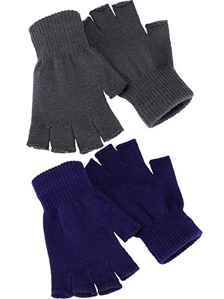 Satinior 2 Pair Unisex Half Finger Gloves Winter Stretchy Knit Fingerless Gloves in Common Size