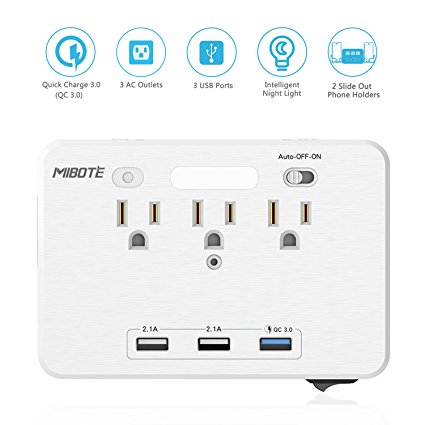 Wall Mount Surge Protector Power Strip with Quick Charger 3.0 3 USB Ports and 3 AC Outlet and 2 Slide Out Phone Holders By Mibote