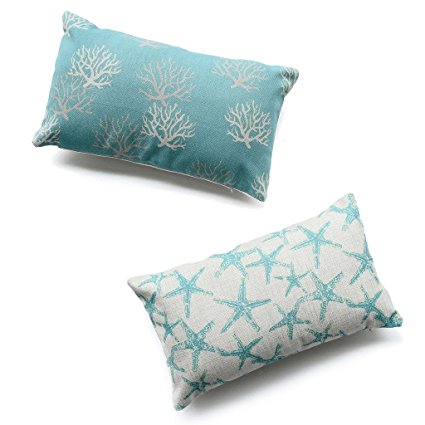 Hofdeco Decorative Set of 2Pcs Throw Pillow Case Modern Aqua Turquoise Coral and Starfish Coastal Nautical Indoor Outdoor HEAVY WEIGHT FABRIC Cushion Cover 12x20 Inches