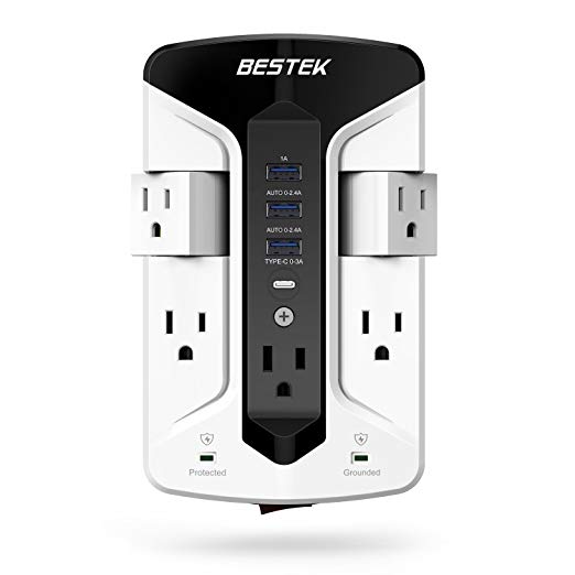 BESTEK 5-Outlet Wall Tap Surge Protector Power Strip with Swivel Outlets, 3 USB and 1 Type-C Charging Ports, 900 Joule Surge Suppression, Top Phone Holder