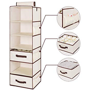 StorageWorks Hanging Closet Organizer, Foldable Closet Hanging Shelves with 1 Drawer & 1 Underwear Drawer, Polyester Canvas, Natural, 6-Shelf, 13.6x12.2x42.5 inches