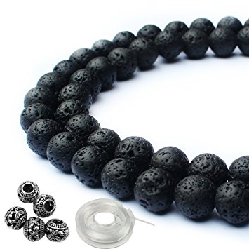 JPSOR 31" 95Pcs 8mm Natural Round Black Lava Stone Beads for Jewelry Making, 5Pcs 8mm Metal Beads, with Thread & 1Pouch