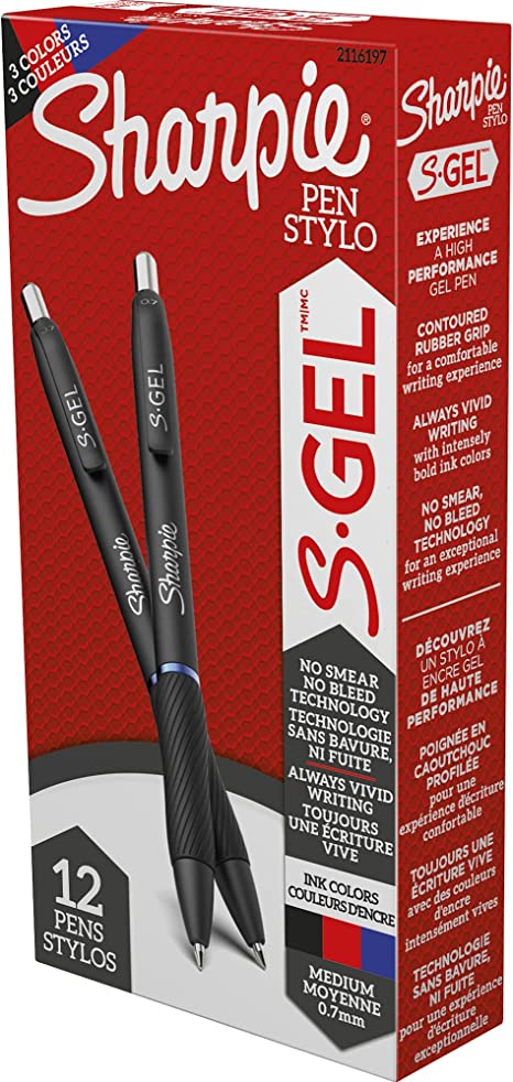 Sharpie® S Gel Pens, Medium Point, 0.7 mm, Black Barrels, Assorted Ink, Pack Of 12 Pens