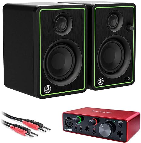 Mackie CR3-X Series 3 Inch Studio Monitors (Pair) with Focusrite Scarlett Solo Audio Interface (2-Pack) and Focus Camera TRS Cable Bundle (4 Items)