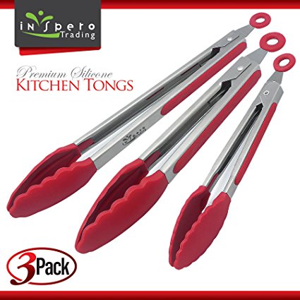 Kitchen Food Tongs Set, Durable and Stylish Utensils, 7, 9 & 12 Inch Set, Cooking and Serving Accessories, Ergonomic, Premium Stainless Steel, FDA Grade Silicone, Turn Grilled Meat, Serve Salad & More