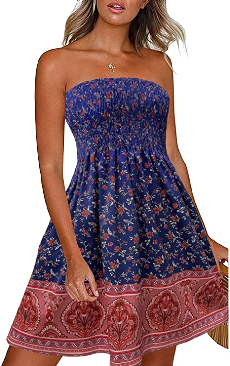 CHICGAL Summer Dresses for Women Beach Cover Ups Strapless Boho Floral Print Sundress