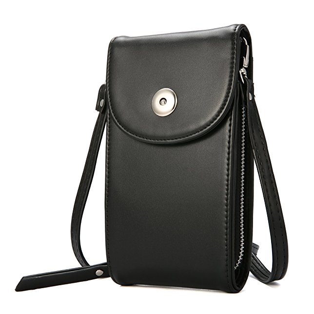 Crossbody Cell Phone Bag, M.Way Cellphone Wallet Purse PU Leather 3 Layers Storage Phone Pouch Women Handbag with Shoulder Strap for iPhone 6,7 Samsung S7 S6 Smartphone under 5.5 Inch Black