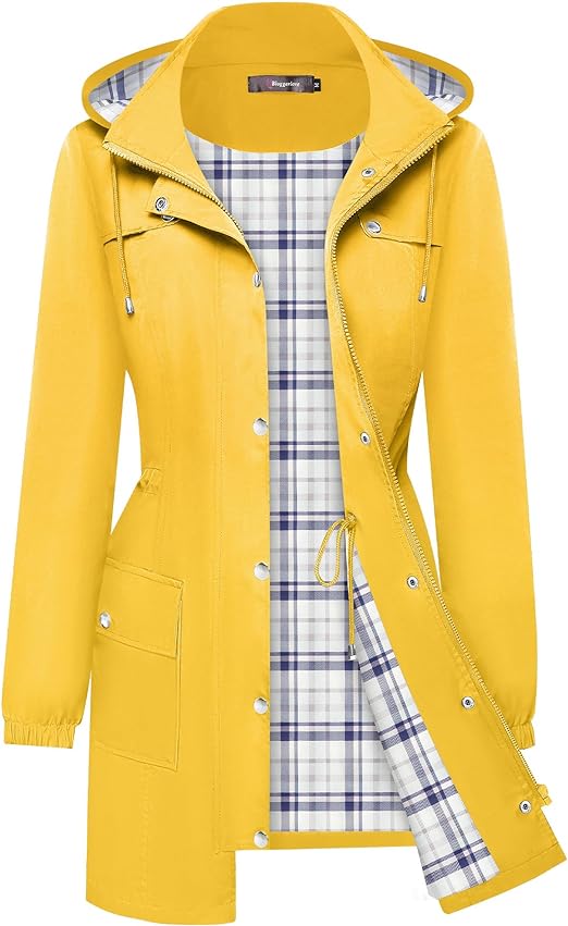 Bloggerlove Waterproof Rain Jacket Women Lightweight Rain Coat Long Outdoor Windbreaker Plaid Lined Hooded Trench Coats S-XXL