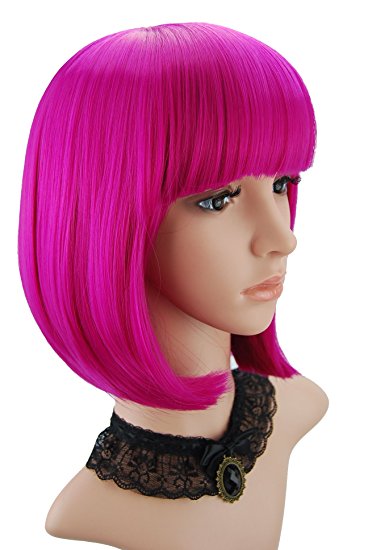 eNilecor Short Hair Wig 12'' Straight Bangs Short Bob Hair for Women Synthetic Wigs Natural As Real Hair(Hot Pink)