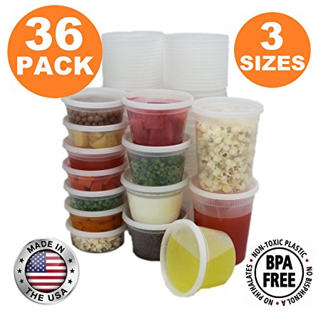 Food Storage Containers with Lids, Round Plastic Deli Cups, US Made, 8, 16, 32 oz, Cup Pint Quart Size, Leak Proof, Airtight, Microwave & Dishwasher Safe, Stackable, Reusable, White [36 Pack]